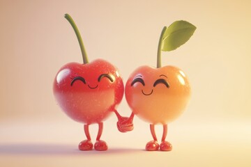 Two cute cartoon cherries holding hands, smiling happily against a warm background.