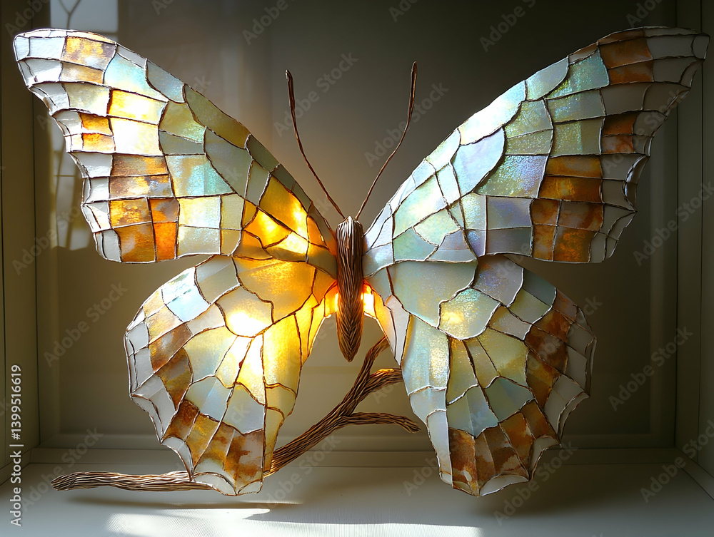 Poster elegant butterfly lamp with mosaic wings casting a warm glow perched on a branch-like base