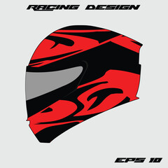 Racing helmet design featuring bold red and black patterns on a neutral background, ideal for motorsport