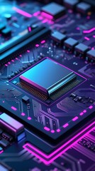 Obraz premium Futuristic close-up of a glowing microchip on a neon-lit motherboard, showcasing advanced computer technology, hardware innovation, and digital infrastructure