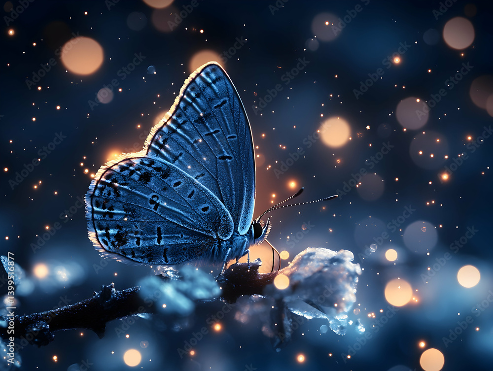 Poster elegant butterfly rests on a branch amid ethereal glowing bokeh lights in a cool dreamlike setting