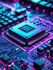 Futuristic close-up of a glowing microchip on a neon-lit motherboard, showcasing advanced computer technology, hardware innovation, and digital infrastructure

