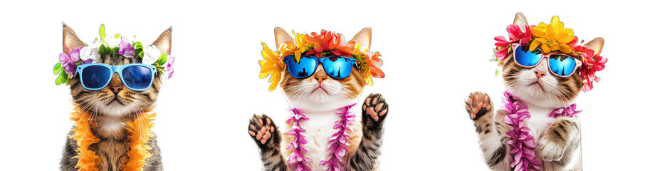 three cats wearing sunglasses and flower leis pose playfully aga