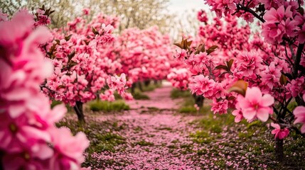 Obraz premium A pathway lined with vibrant pink blossoms, creating a beautiful spring scene