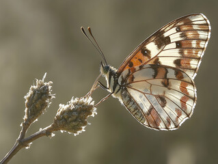 Obraz premium Butterfly with transparent wings perched on a dried plant stem illuminated by sunlight on a tan background