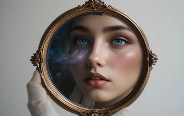 Vintage handheld mirror showing a galaxy reflection