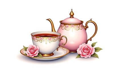 Elegant pink teacup and teapot set adorned with roses and gold accents perfect for an afternoon tea
