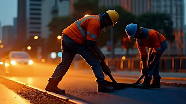 Dynamic silhouette of road workers laying asphalt at dusk, with street lights glowing and vehicles in the background. Urban development in action.
