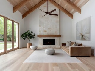 Serene and inviting farmhouse style living space with exposed wooden beams a plush velvet sofa and a stone fireplace surrounded by earthy accents and natural textures captured in a soft hazy light