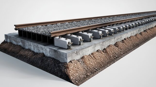 A cross section render of railway track foundation detailed layers showing ballast sleepers rails and fastening systems precise engineering textures