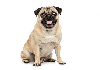 A pug sitting with its tongue out looking at the camera on a white background in a studio shot view