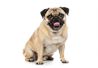 A pug sitting with its tongue out looking forward on a white background in a studio setting shot well
