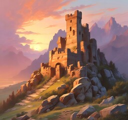 Obraz premium Illustration of landscape with old castle ruins.