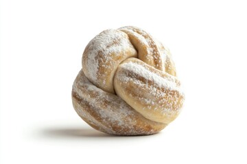 Fototapeta premium A single, powdered, knotted bread roll isolated on a white background.