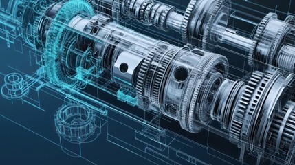 A cutaway blueprint of a multi speed industrial gearbox showcasing complex gear arrangements meshing teeth ball bearings and casing details