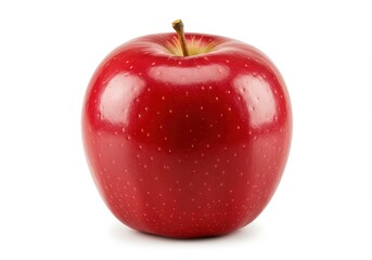 A single shiny red apple with a stem centered on a white background in a studio shot close up view