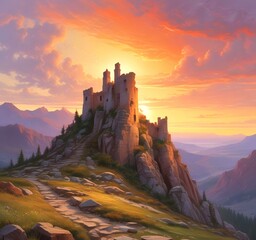 Obraz premium Illustration of landscape with old castle ruins.