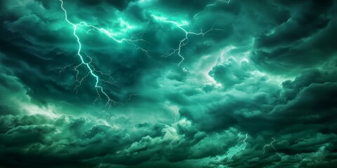 Electric Lightning Strikes Across A Dark Moody Sky With Ominous Green Clouds