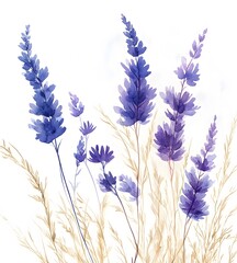 Naklejka premium Watercolor painting of grasses and wild flowers in shades of purple and blue, with beige stems, on a white background.