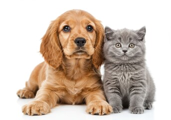 Fototapeta premium A golden cocker spaniel puppy and a gray kitten sitting together on a white background looking at the camera