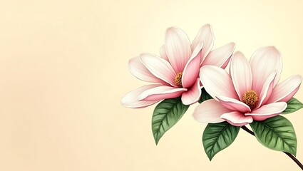 Naklejka premium Delicate Magnolia Blossoms Soft Peach Background Elegant Spring Floral Art Detailed Petals