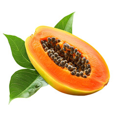 Half ripe papaya with vibrant orange flesh and green leaves on a clean transparent background, half ripe papaya with leaf isolated on transparent background