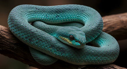 Fototapeta premium Striking Green Tree Python coiled tightly around a sturdy branch, its emerald scales and heat-sensing pits clearly visible in detail.