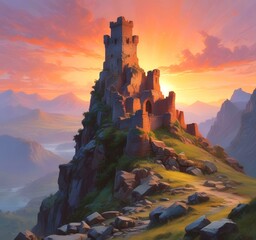 Illustration of landscape with old castle ruins.