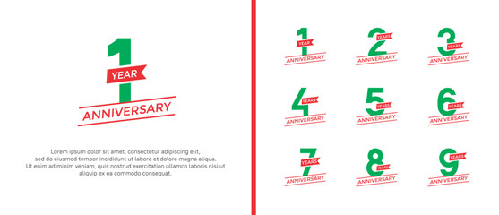 Naklejka premium set of anniversary logo flat red and green color on white background for celebration moment
