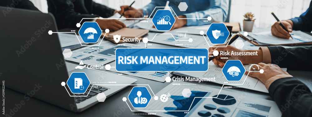 Aufkleber a dynamic meeting scene focusing on risk management strategies, showcasing professionals discussing 