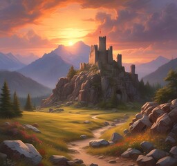 Fototapeta premium Illustration of landscape with old castle ruins.