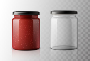 3d realistic vector illustration. Jam jar in glass container for fruit strawberry or raspberry jam jelly. Marmalade pack with cap mock-up design. 