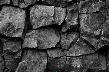 Dark gray stone wall texture.  Close-up view of rough, uneven rock pieces fitted together