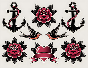 Traditional Tattoo Flash Sheet: Anchors, Roses, Swallows, and Hearts