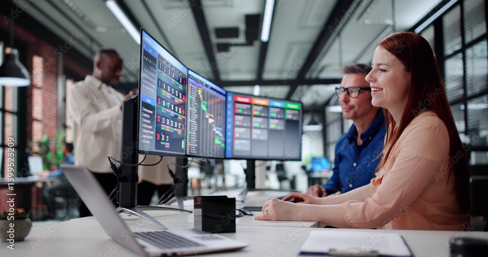 Poster man and woman using computer