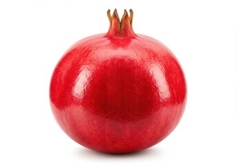 A vibrant close up of a single pomegranate fruit on a white background showing its glossy red skin texture