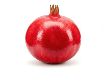 A single ripe red pomegranate fruit with a crown on a white background in a studio shot image view