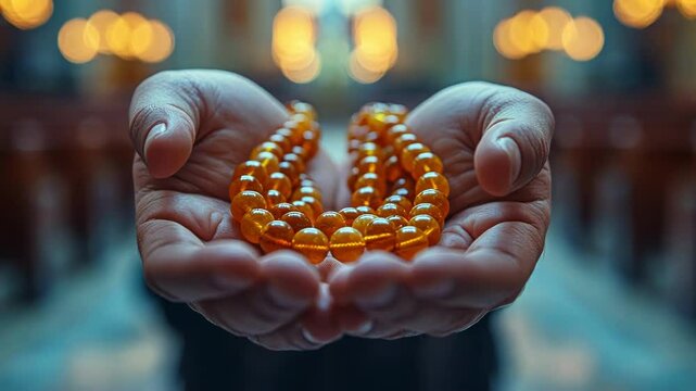 Hands holding amber beads, symbolizing spirituality and devotion.