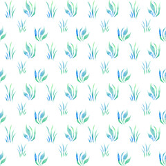 Simple seamless pattern. Blue green grass digital paper, hand drawn watercolor illustration, white background. Minimalist repeating tile. Abstract elegant botanical wallpaper	