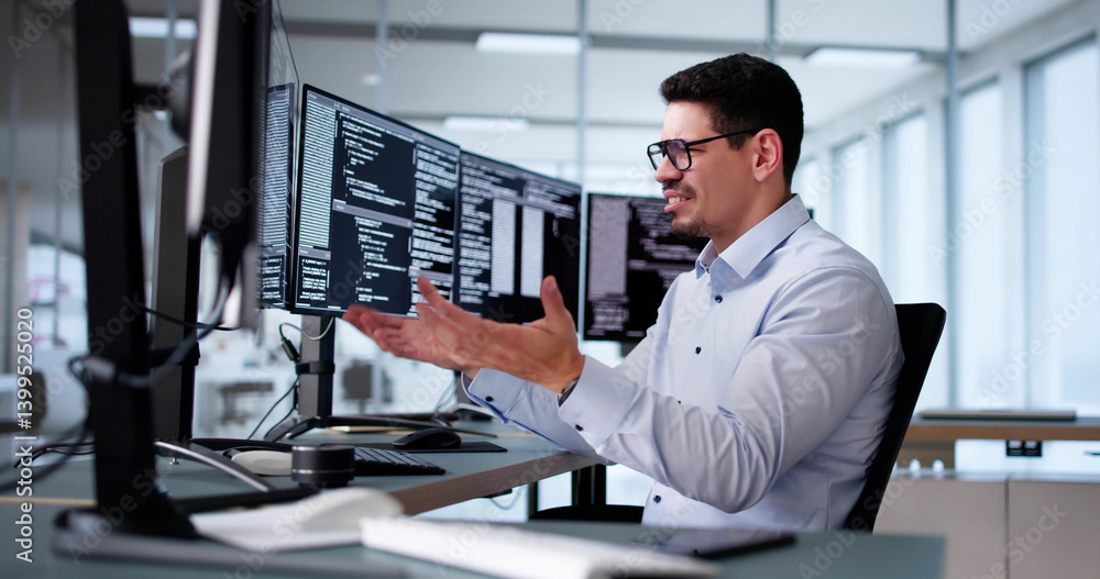 Poster Unhappy Sad Developer Programmer Man In Stress Coding Software