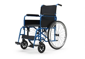 Fototapeta premium A blue wheelchair with black seat and backrest on a white background in a studio setting image view
