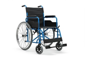 Fototapeta premium A blue wheelchair with black fabric seat and backrest on a white background in a studio shot view