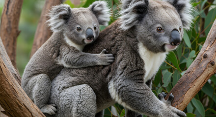 Naklejka premium Group of adorable Koalas clinging together on a tree branch, showcasing their fluffy grey fur and sleepy marsupial nature.