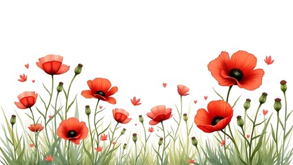 Obraz premium Vibrant red poppies bloom in a lush green field delicate illustration with soft white background