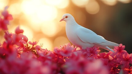 Fototapeta premium Peaceful Dove in Pink Flowers Sunrise.