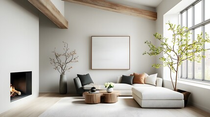 Sophisticated farmhouse style living area featuring rustic wooden beams a statement light fixture with a soft ambient glow linen upholstered furniture a vase of fresh flowers