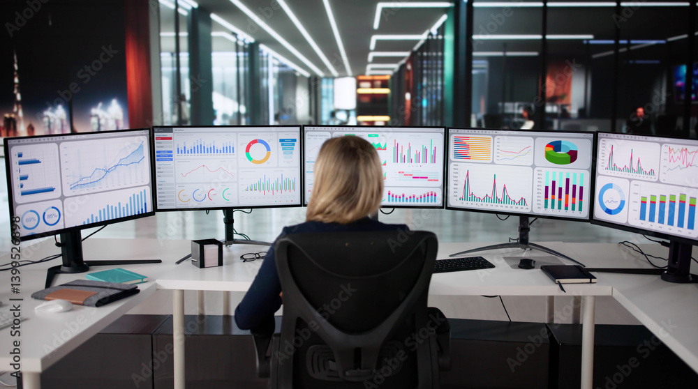 Poster female analyst monitoring data dashboard
