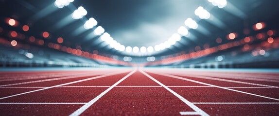 Red running track lanes converging towards blurred stadium.