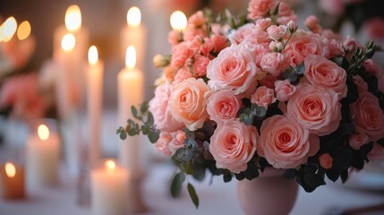 Obraz premium A stunning display of pink roses and delicate flowers is surrounded by glowing candles, creating a warm atmosphere for a romantic occasion in the evening.