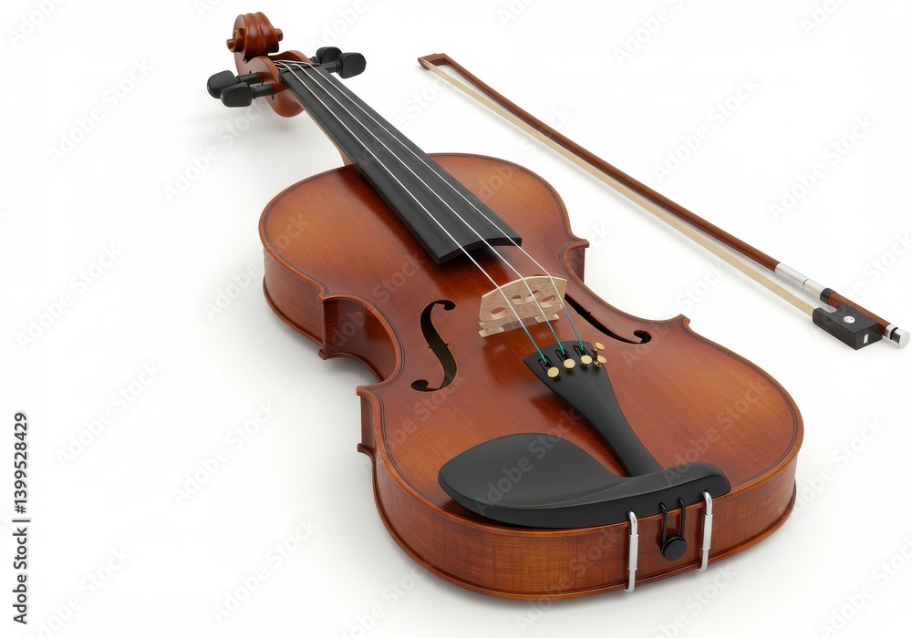 Poster a brown violin with a bow lying next to it on a white background in a studio setting looking elegant